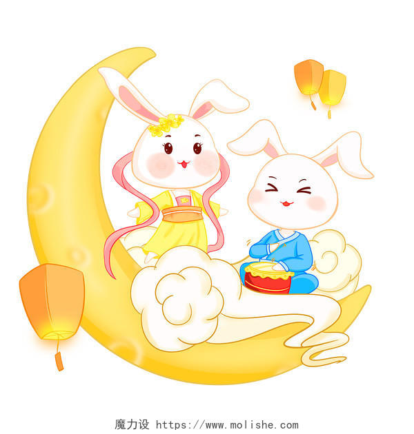 中秋节卡通兔子奔月月饼拟人化png素材